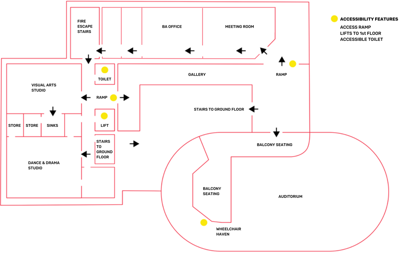 Arts and conference venue first floor plan with accessibility features